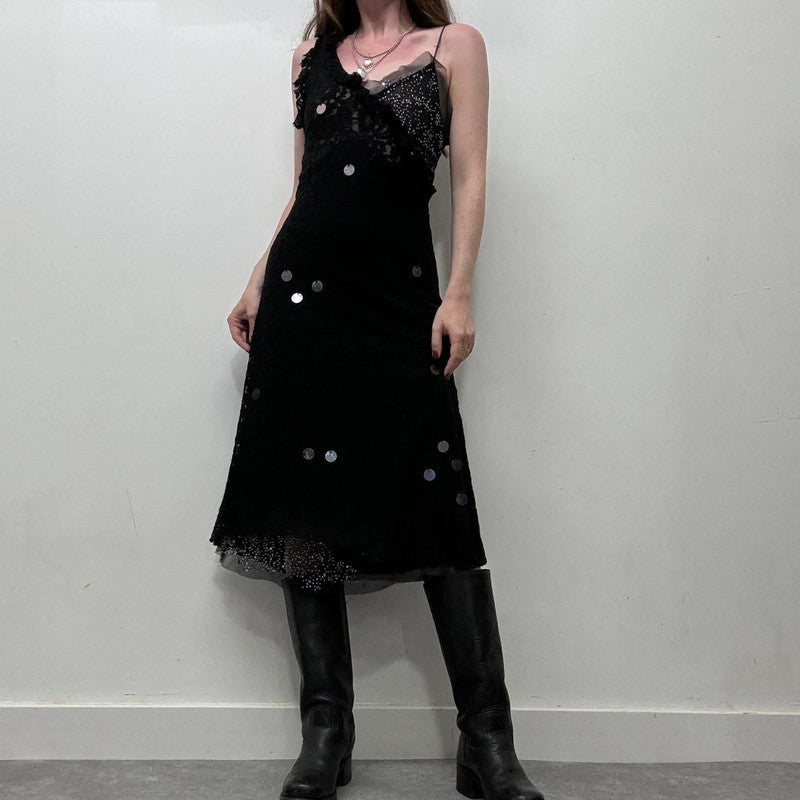 black lace beaded bias cut dress
