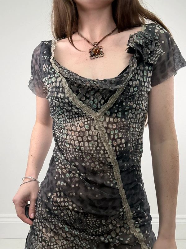 slouchy grey polkadot snake cowl neck draped mini dress