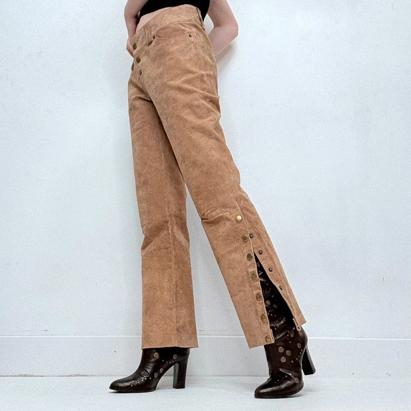 tan suede leather flared 70s trousers