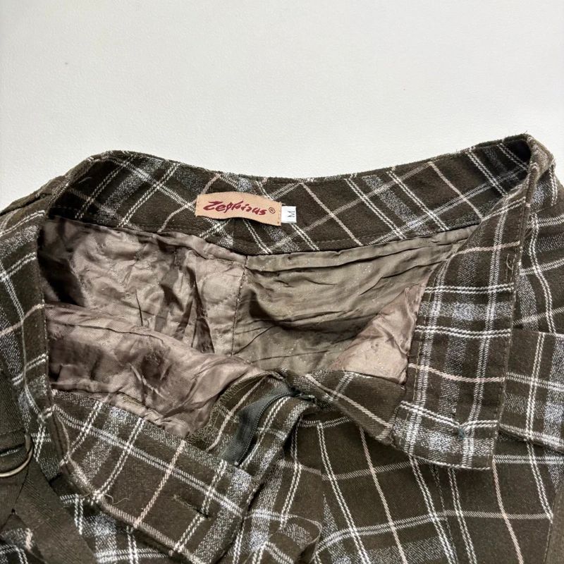 khaki tartan puff cinched capri trousers
