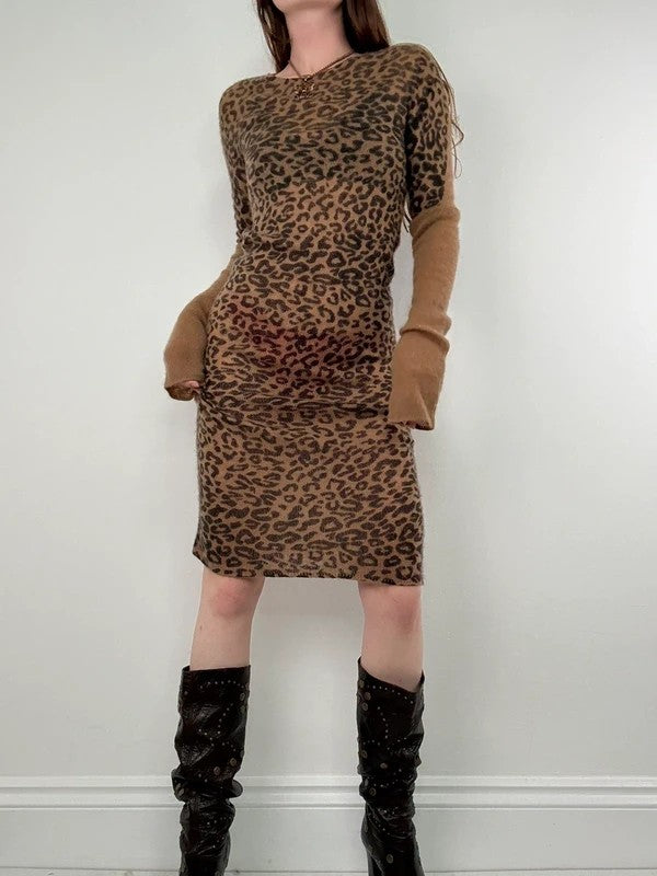 sheer knit long sleeve slouchy leopard printed dress