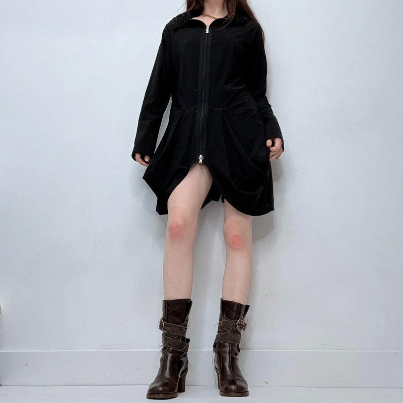 black gathered puff long sleeve dress