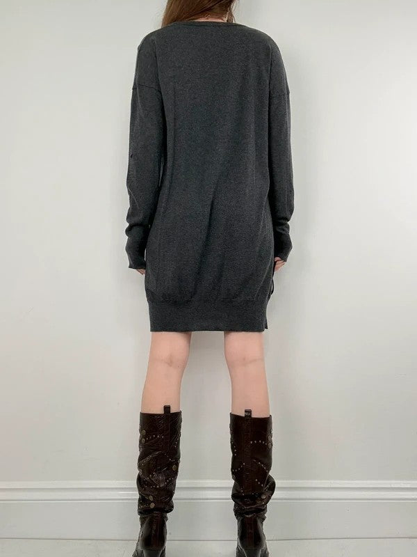 slouchy grey knitted off-the-shoulder v-neck long sleeve dress
