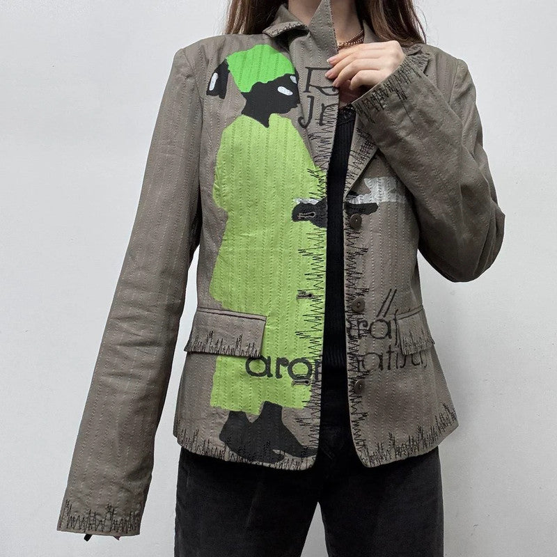 khaki pinstripe graphic printed blazer jacket