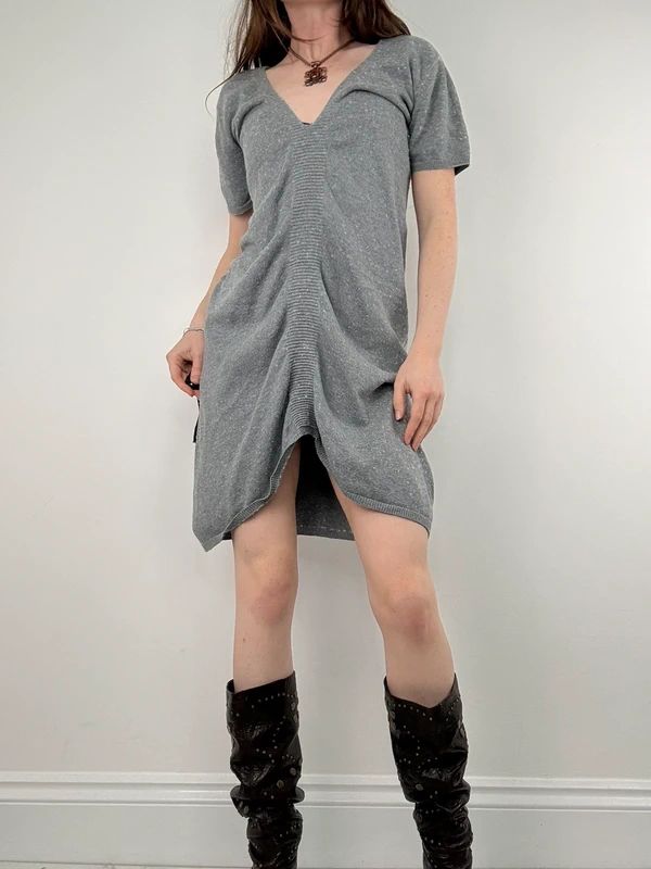 grey gathered draped front asymmetric dress