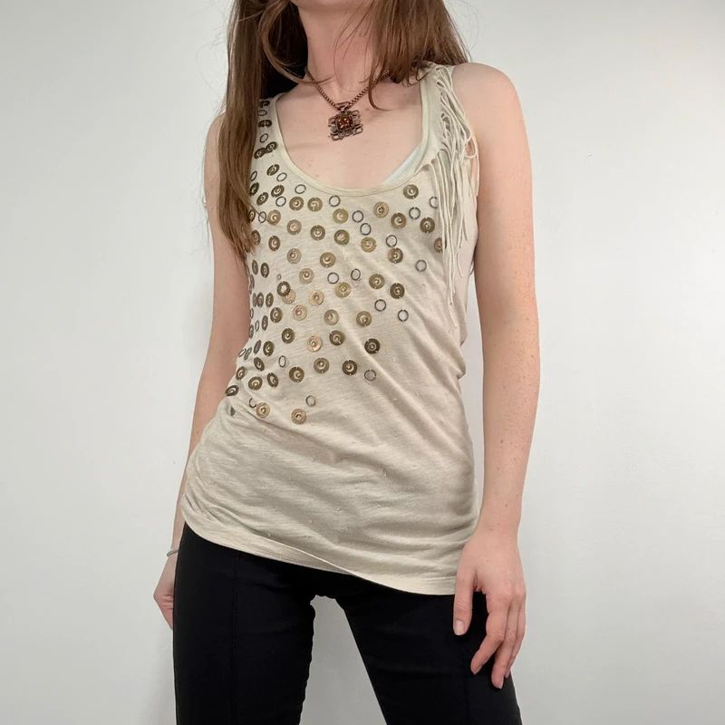 slouchy tan metal studded embelsihed vest top