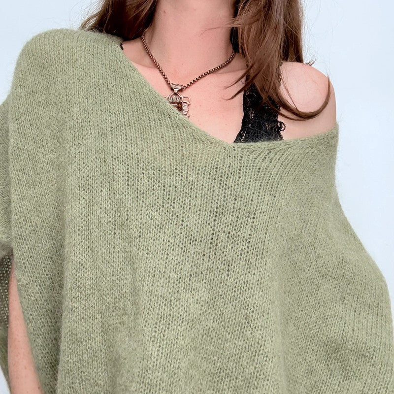 green slouchy off the shoulder jumper