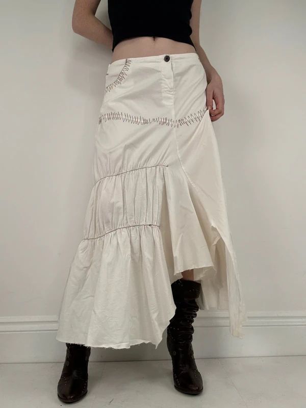 pleated white asymmetric flared maxi skirt