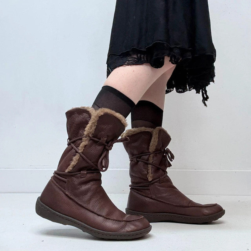 brown leather wrap faux-fur boots