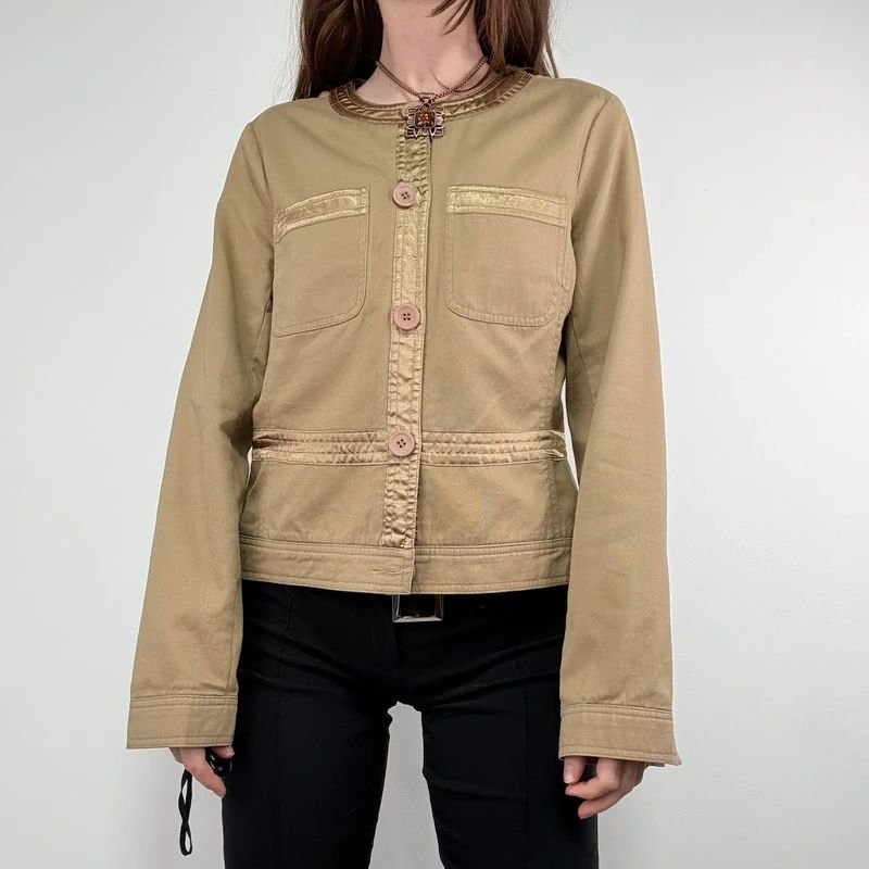 tan boxy cropped fit jacket with exposed button detail