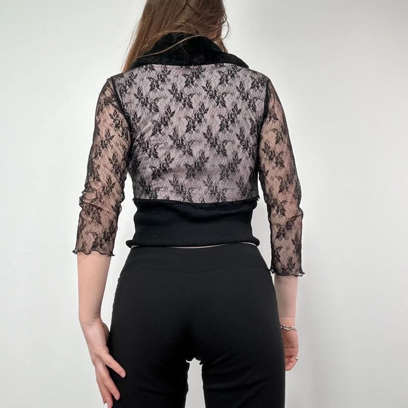 Lace Cropped Cardigan with Faux Fur Collar