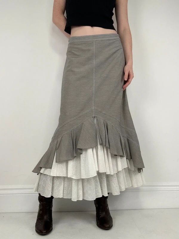 Pleated flared layered ruffle maxi skirt