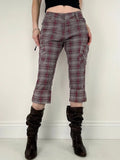 tartan checked red cargo denim capri pants