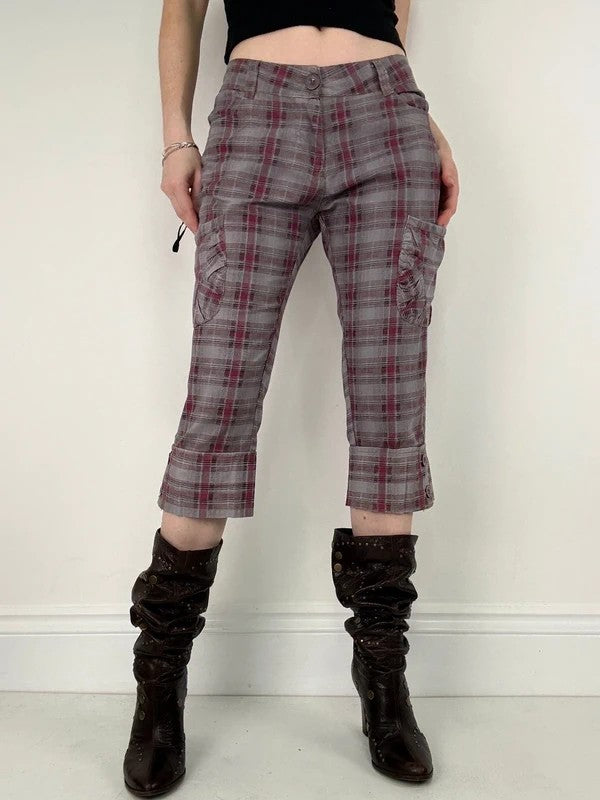 tartan checked red cargo denim capri pants