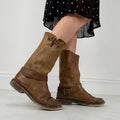 Tan leather buckle biker boots