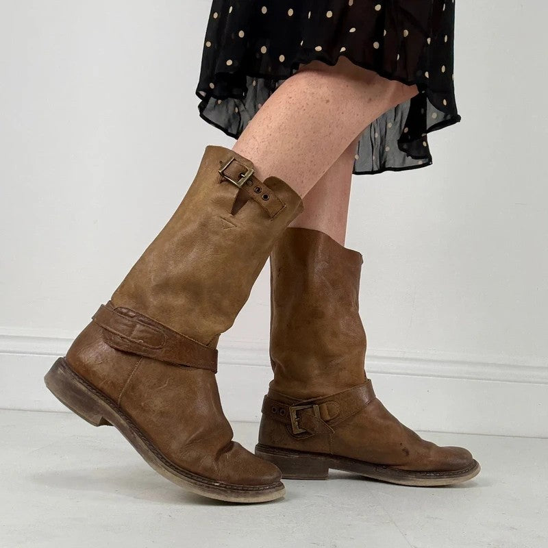 Tan leather buckle biker boots