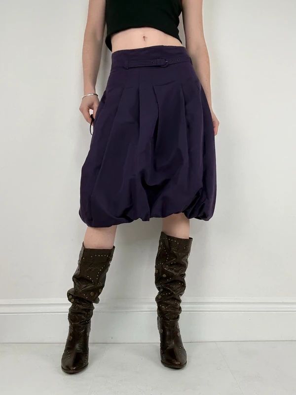 pleated puff balloon purple midi silk cotton skirt