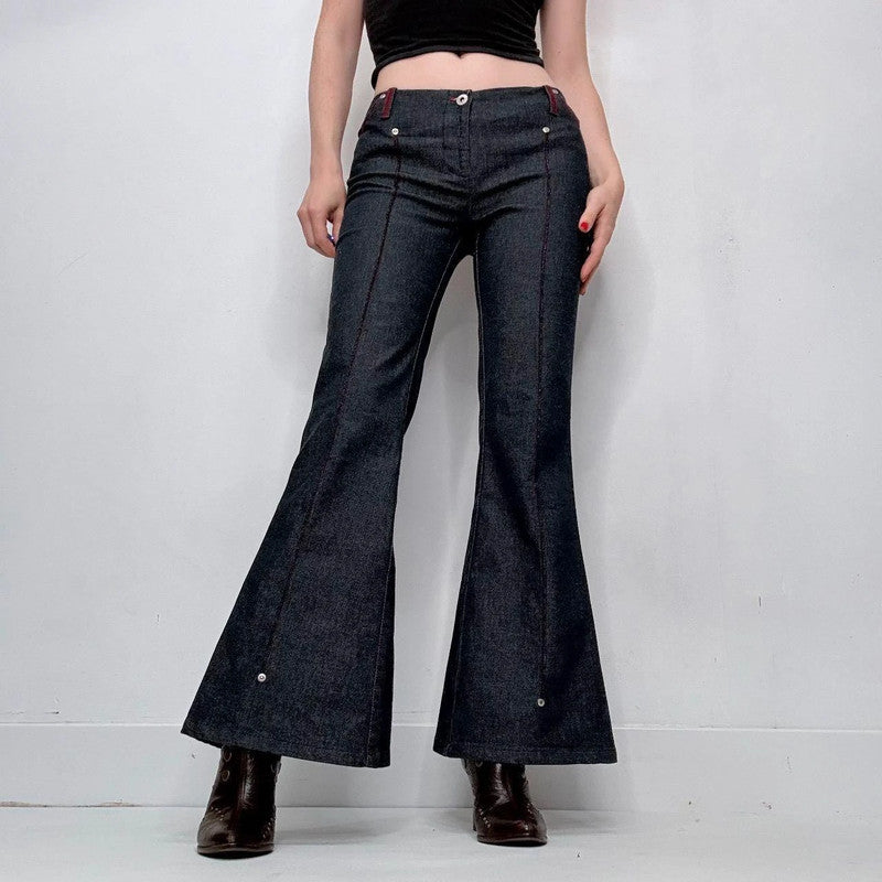 dark denim flared low rise stretch jeans