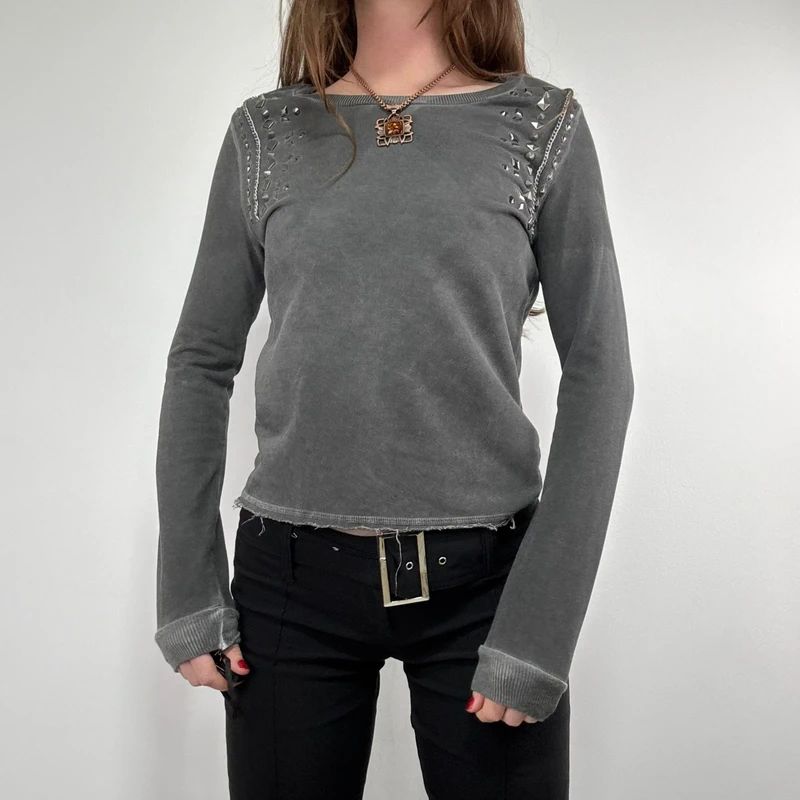 distressed cotton studded cropped sweatshirt
