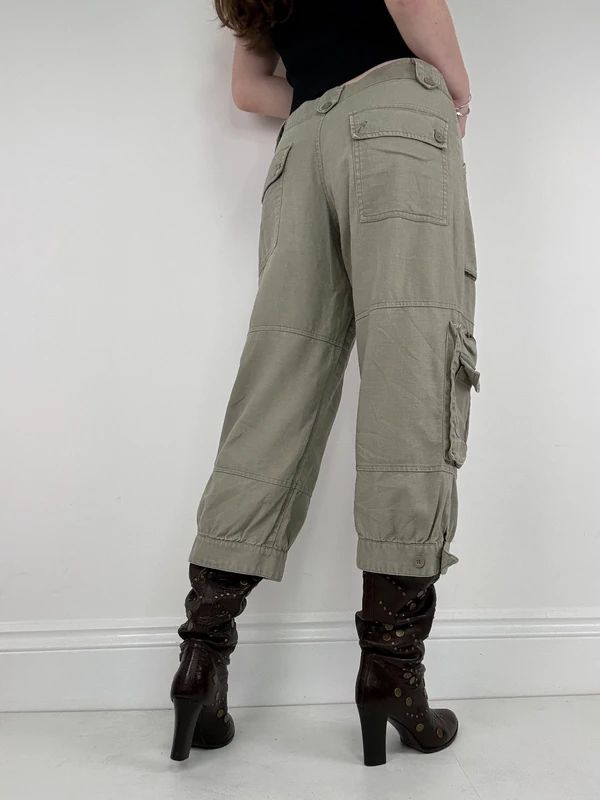 khaki linen cropped pleated capri utility pants