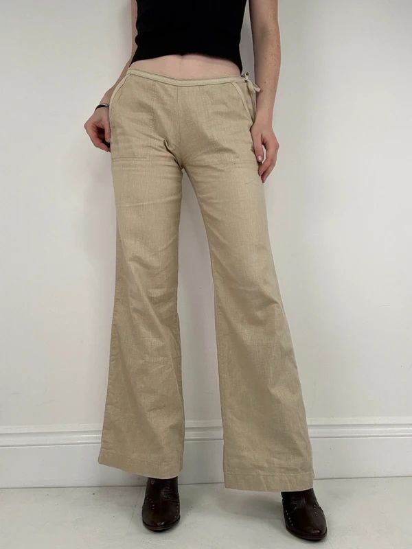 low rise tie waist linen flared trousers