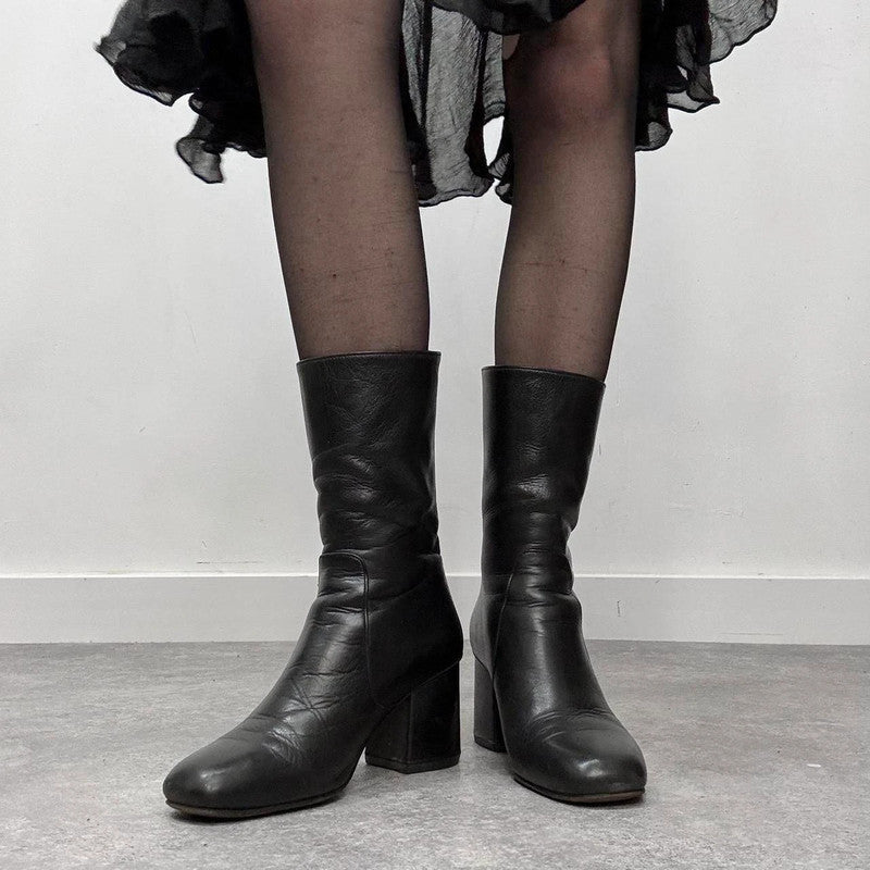 black leather square heel boots