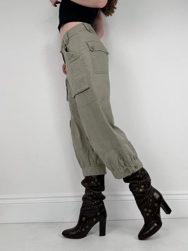 khaki linen cropped pleated capri utility pants