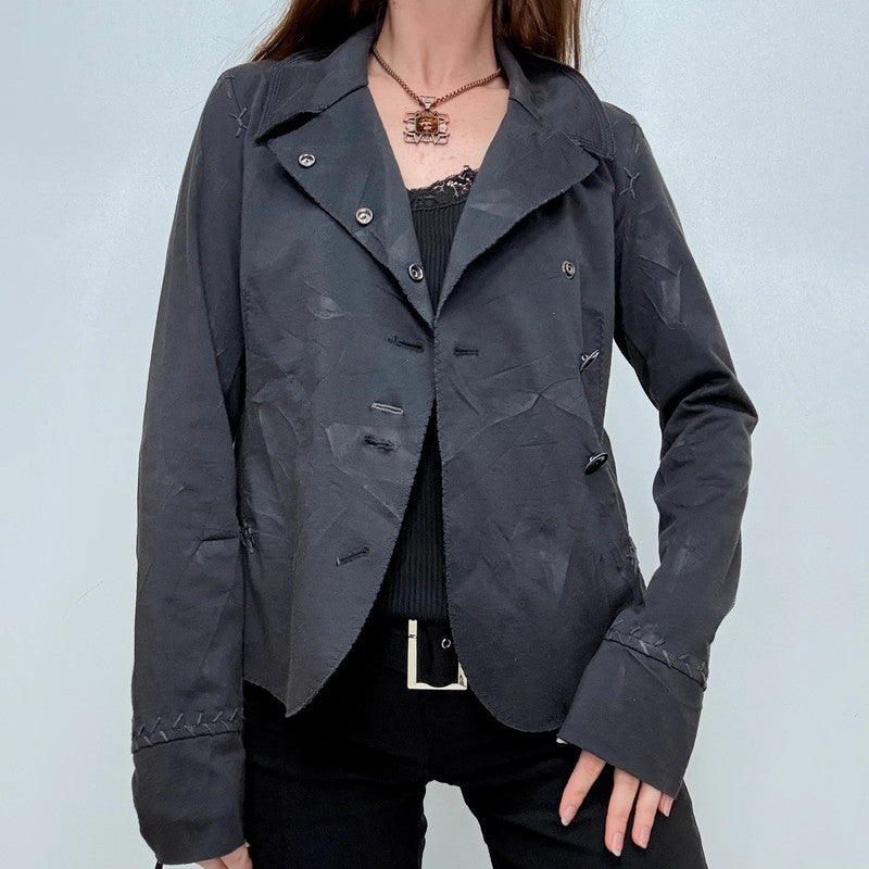 black distressed asymmetric military button jacket