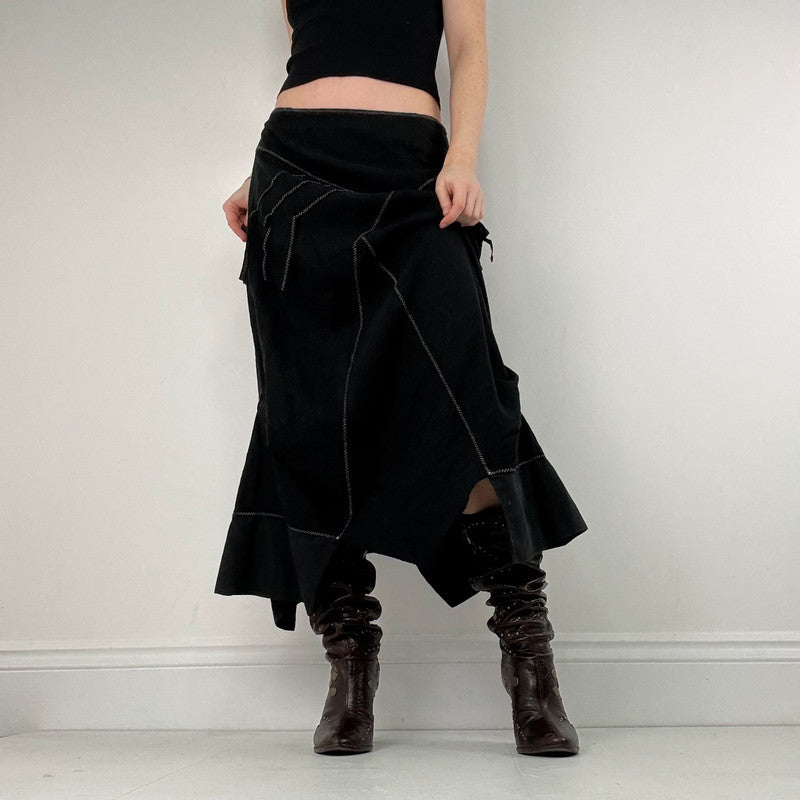 panelled patchwork asymmetric black midi skirt