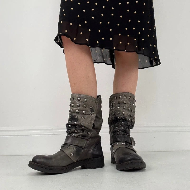 Grey studded slouchy leather boots