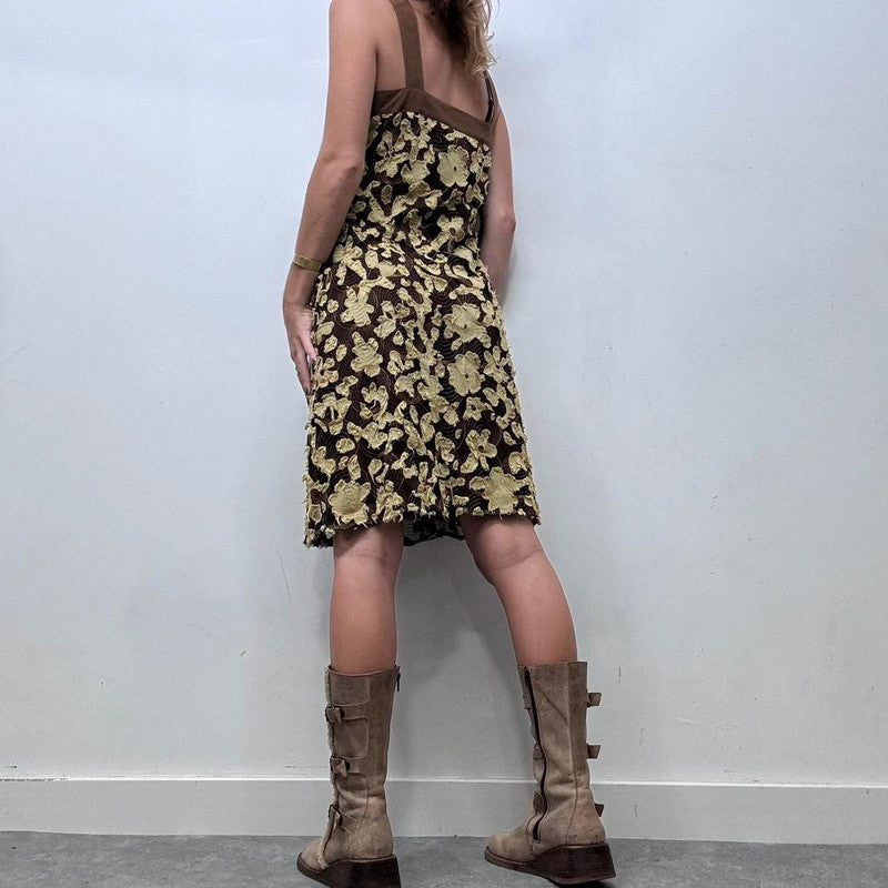 brown flower distressed frayed midi dress