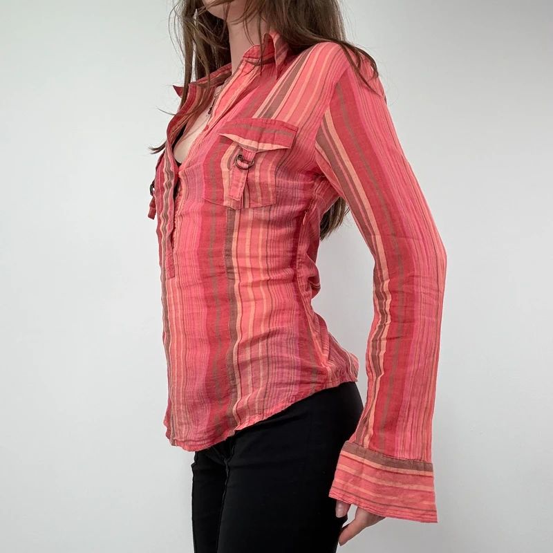 Pinstripe Sheer Flared cotton Cargo Shirt