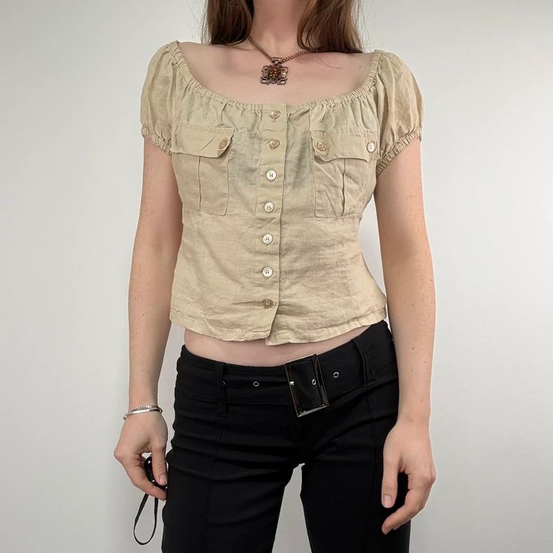 tan linen pleated button through slouchy blouse