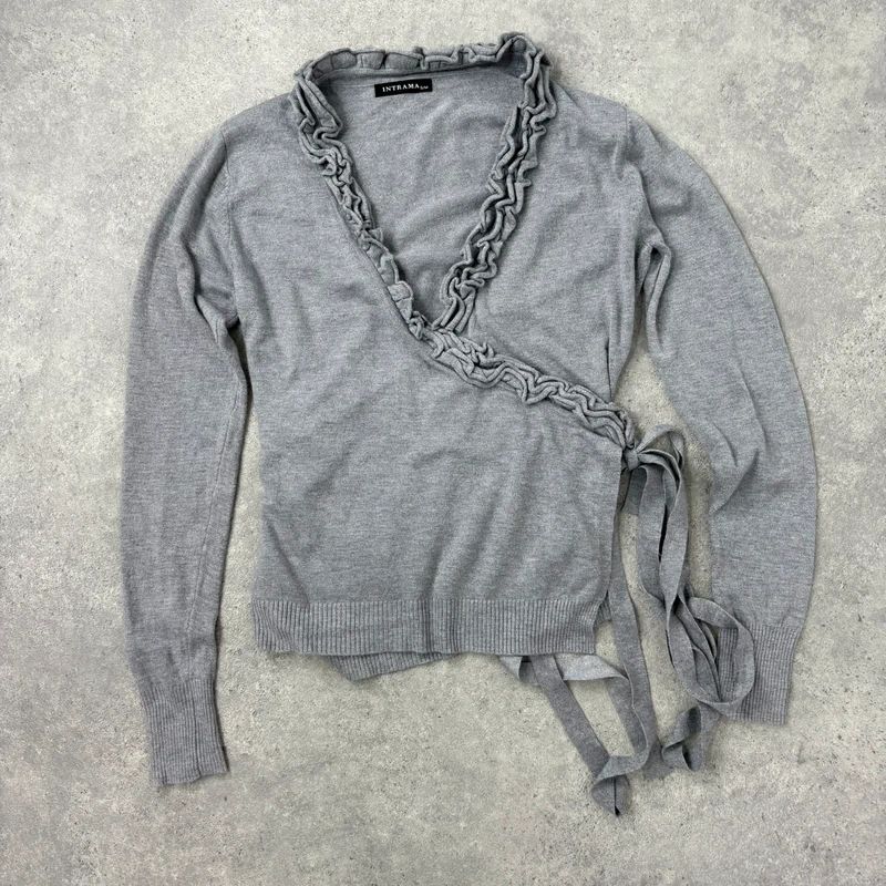 grey knit ruffle wrap cardigan