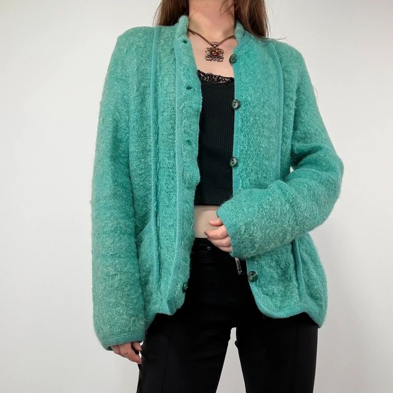 Green Mohair panelled Slouchy Cardigan knit