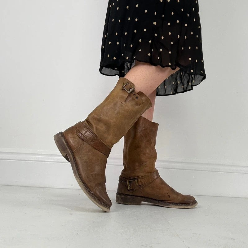 Tan leather buckle biker boots
