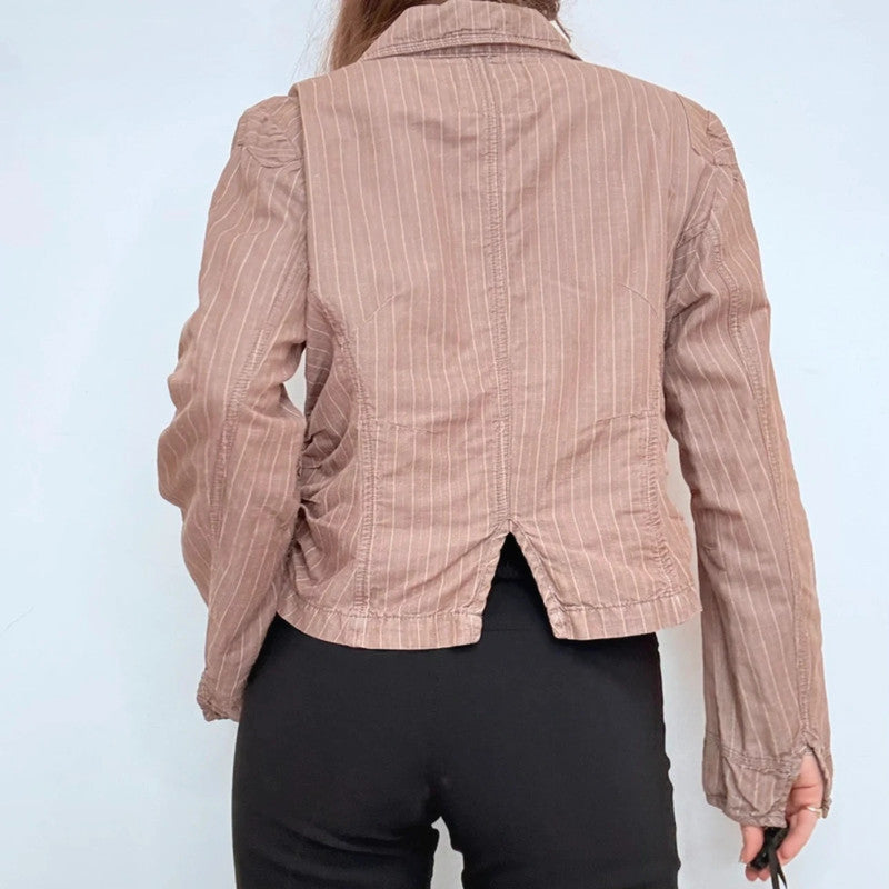 brown pinstripe fitted linen/cotton boxy pleated jacket