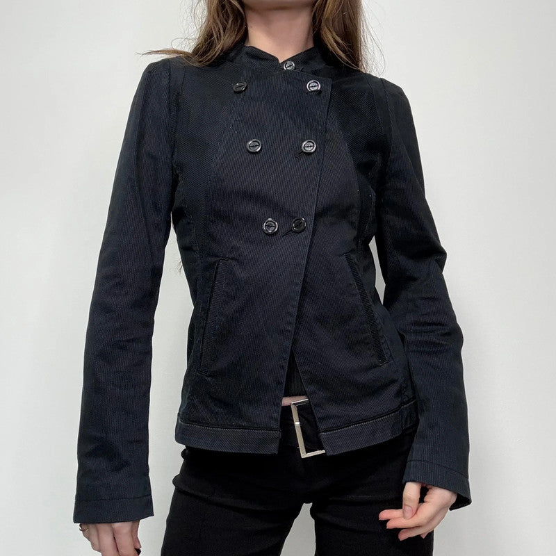 navy pinstripe fitted asymmetric jacket