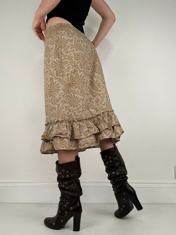 Beige floral double ruffle hem vintage skirt