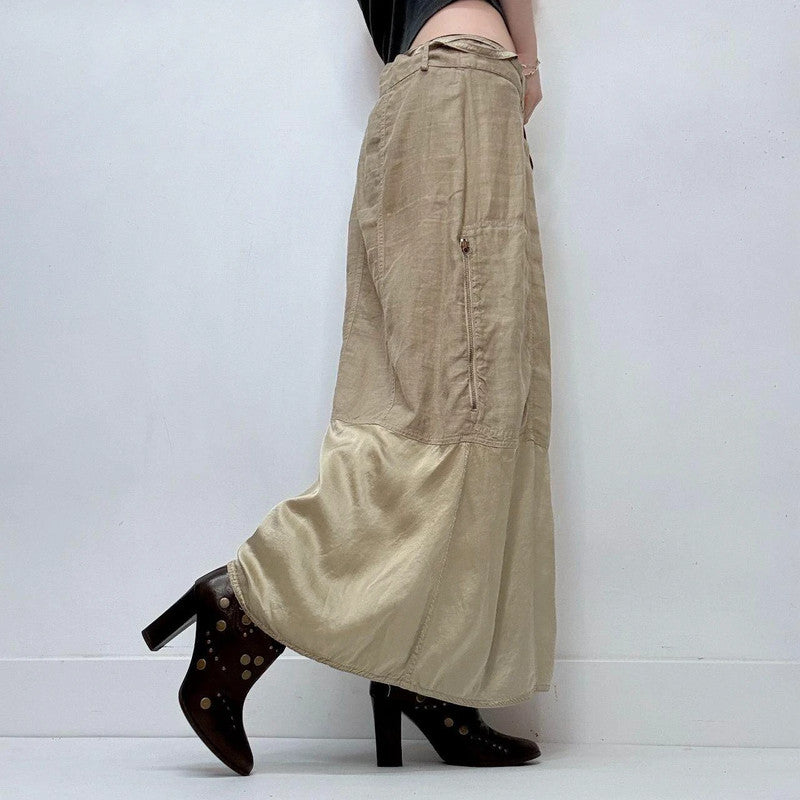 tan linen silk  a-line maxi skirt