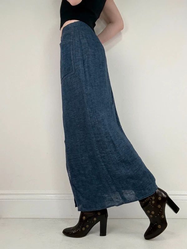 navy linen a-line maxi skirt