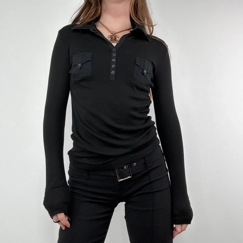 black long sleeve 1/4 button henley polo t-shirt