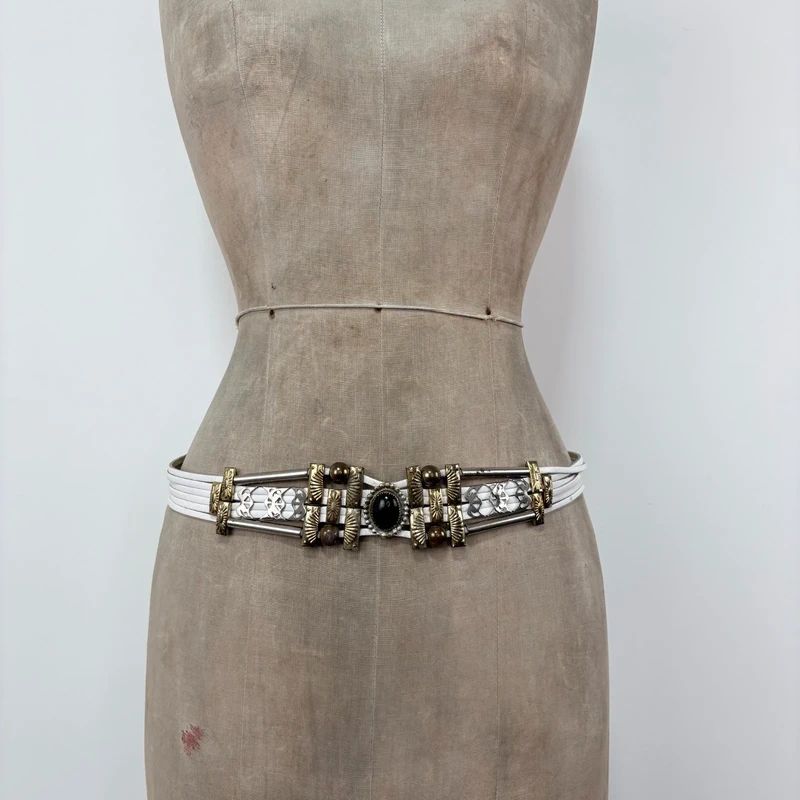 chunky metal boho white leather belt