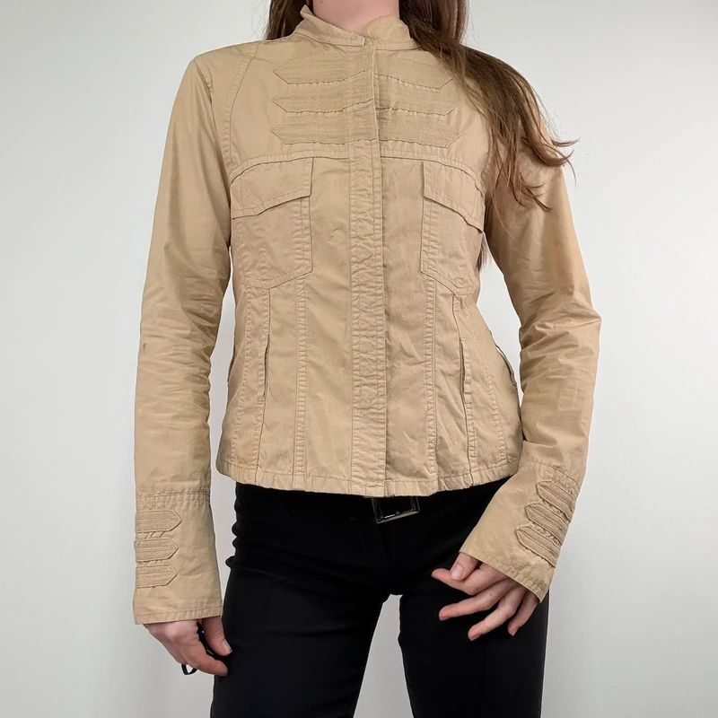 tan fitted panelled military jacket