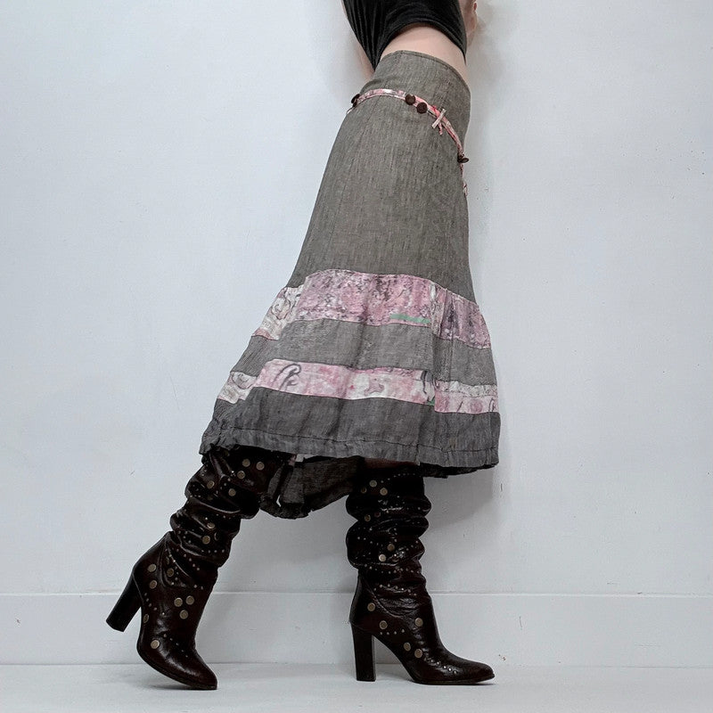 grey linen asymmetric tiered midi skirt
