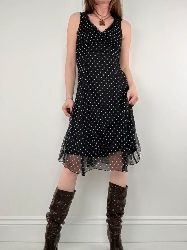 silk black and white polkadot slip dress