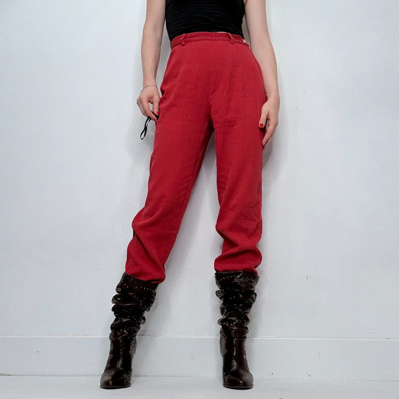 red pinstripe textured straight leg trousers