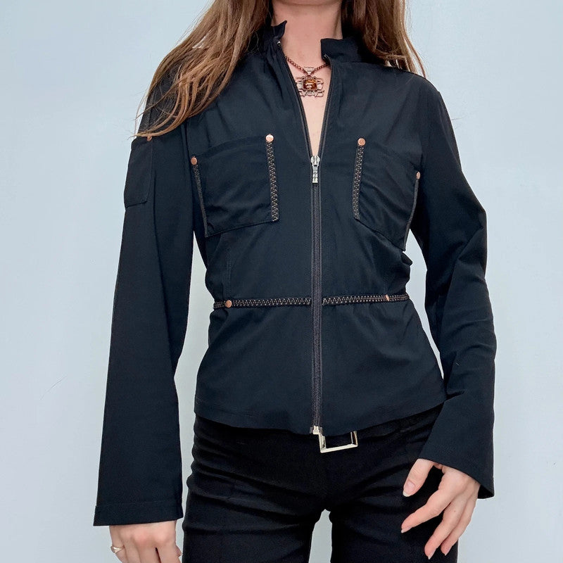 black fitted flared zip shirt