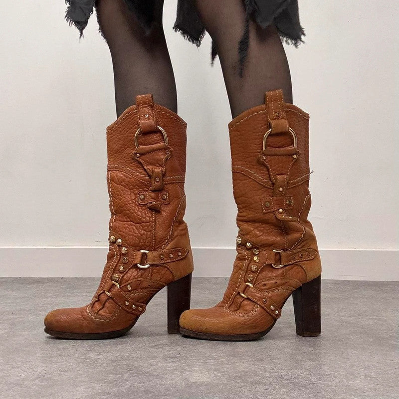tan leather studded heeled boots
