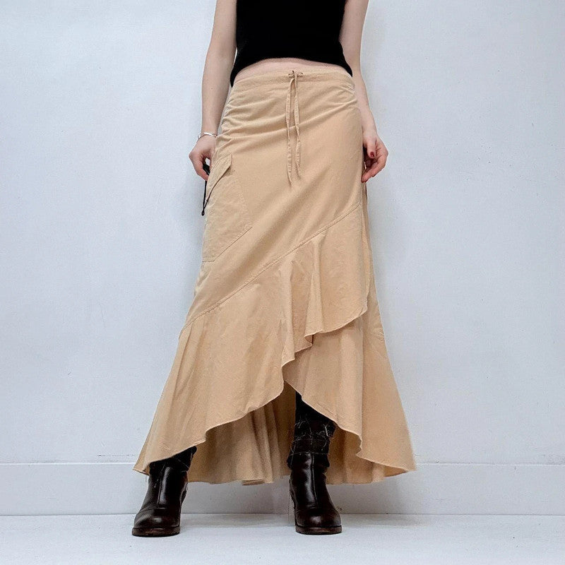 tan ruffle asymmetric boho skirt